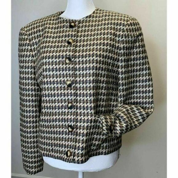 Evan Picone vtg union made wool button front blazer ivory brown suit Sz 10 - Picture 2 of 11